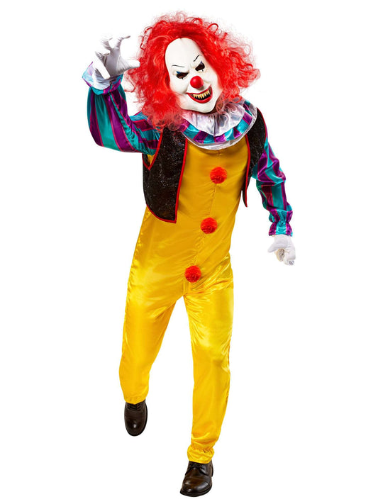 Clown costume with red curly wig, yellow jumpsuit, black-purple vest, and face mask