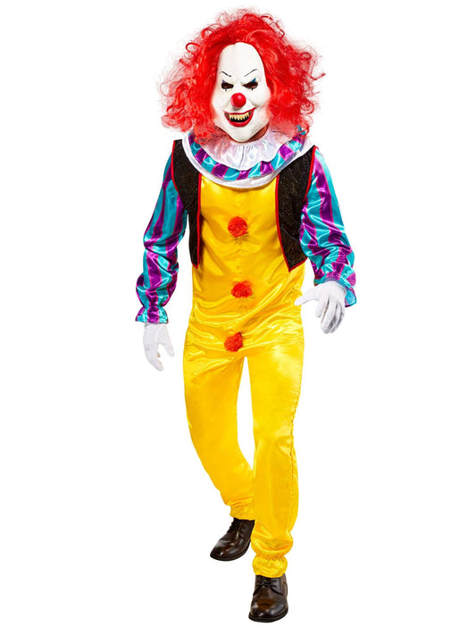 Deluxe clown costume with red wig, yellow jumpsuit, and white face mask