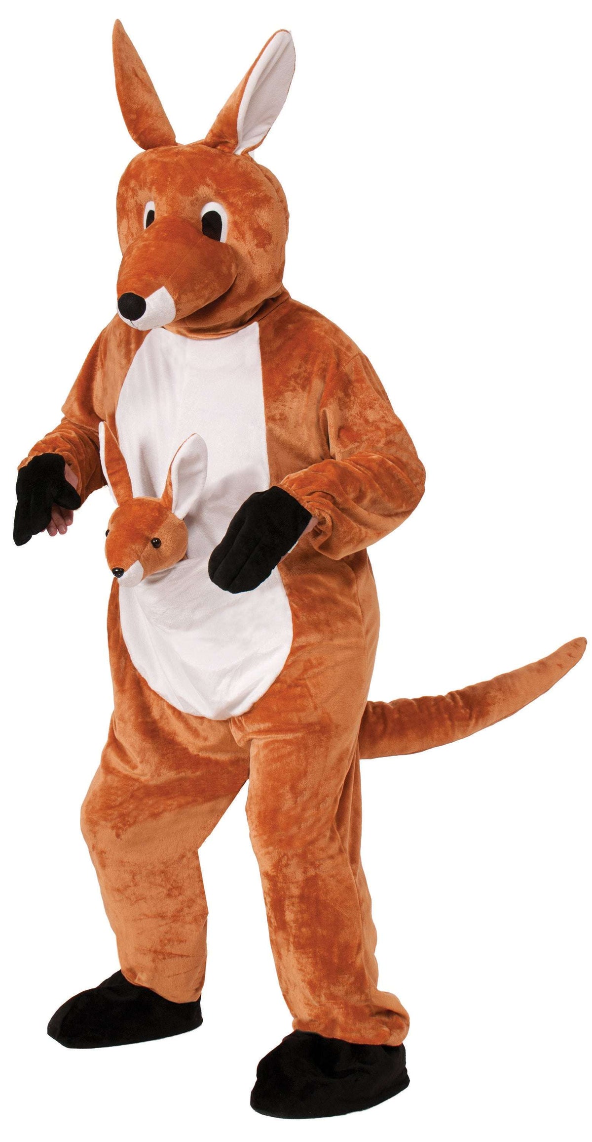 Orange plush kangaroo mascot costume with white belly, black gloves, and tall ears