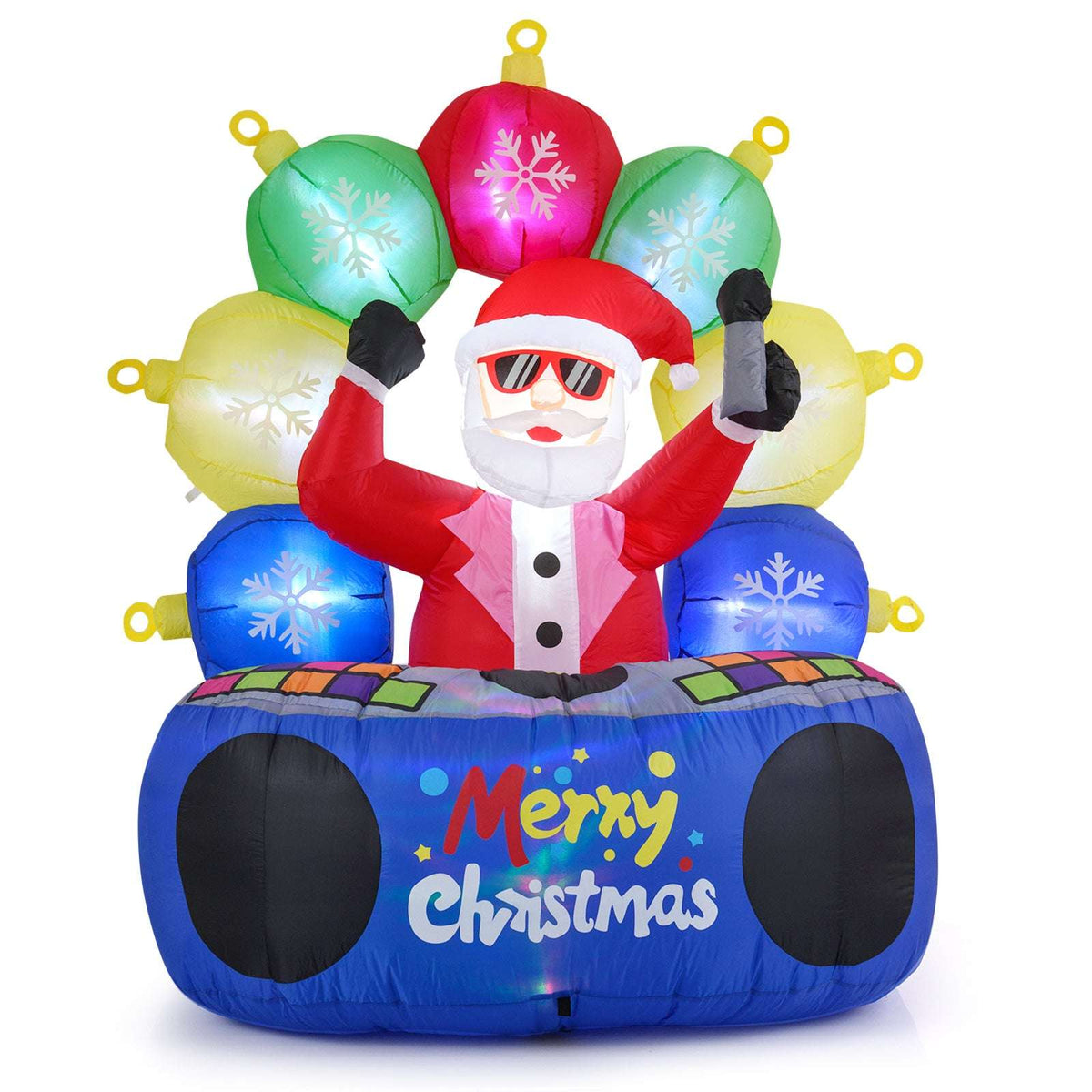 Inflatable DJ Santa with colorful illuminated ornaments and a blue base with black speaker designs