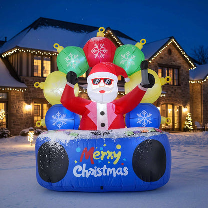 Front view of inflatable DJ Santa with snowflake ornaments and a blue holiday-decorated base