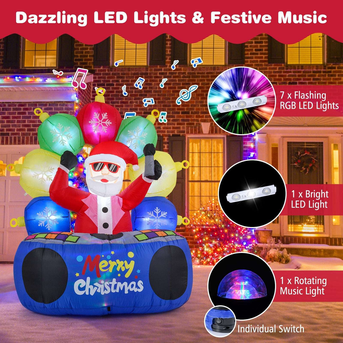 Inflatable DJ Santa with multicolor LED lights and rotating music light features