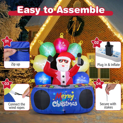 Inflatable DJ Santa with blue holiday base; setup steps show zipping, inflating, and securing