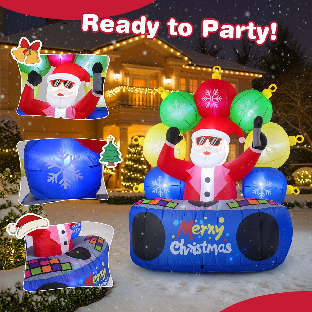 Inflatable DJ Santa with colorful ornaments and blue base, shown with close-up detail panels