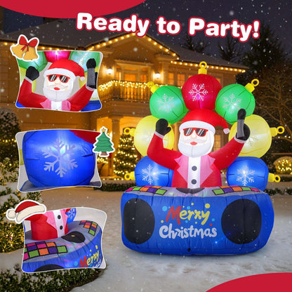 Inflatable DJ Santa with colorful ornaments and blue base, shown with close-up detail panels
