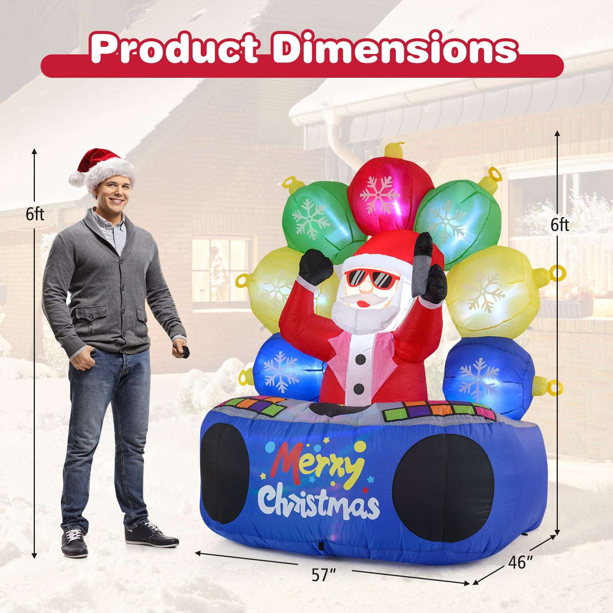 Six-foot inflatable DJ Santa with colorful ornaments and a blue holiday base; dimensions shown