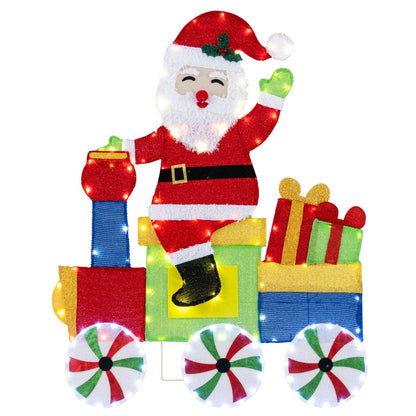 Santa train decoration with red, green and blue cars, gifts and light-up wheels