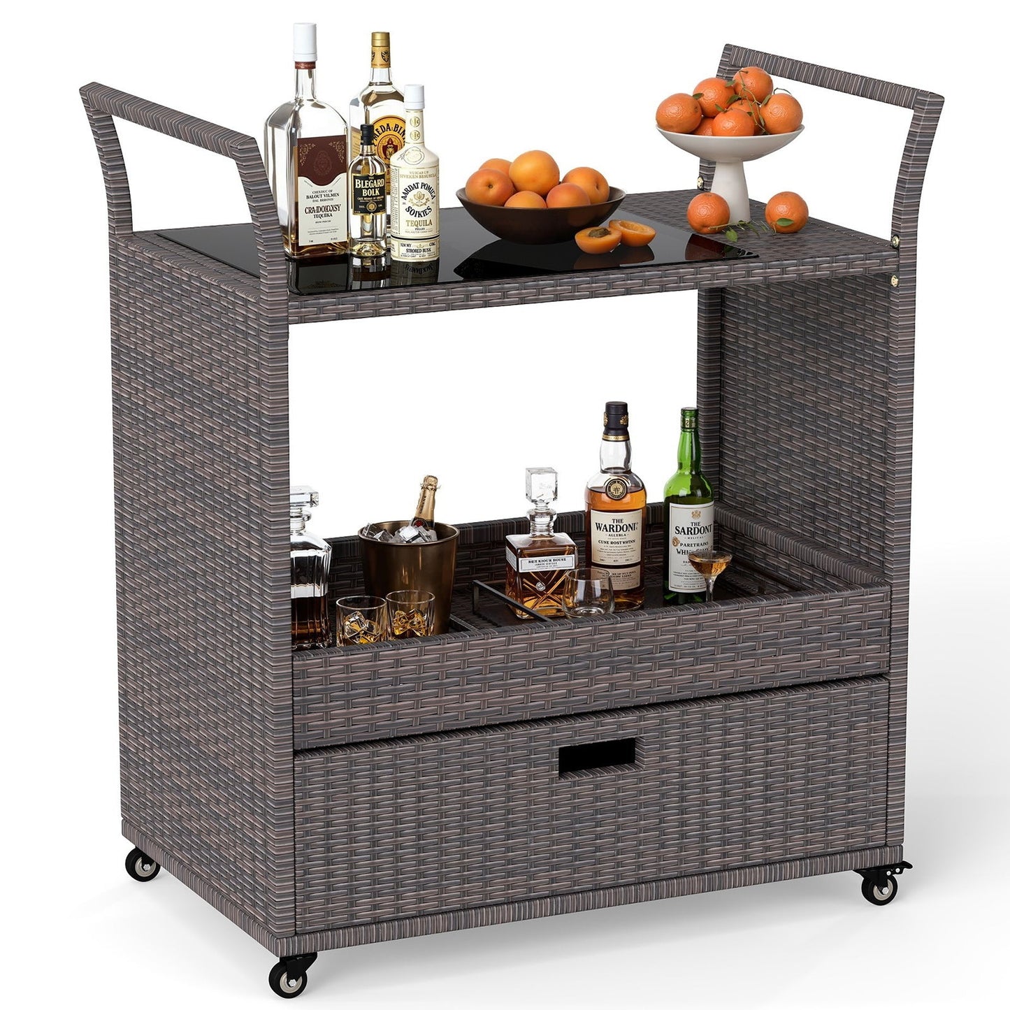 Outdoor Wicker Bar Cart Table with Tempered Glass Top