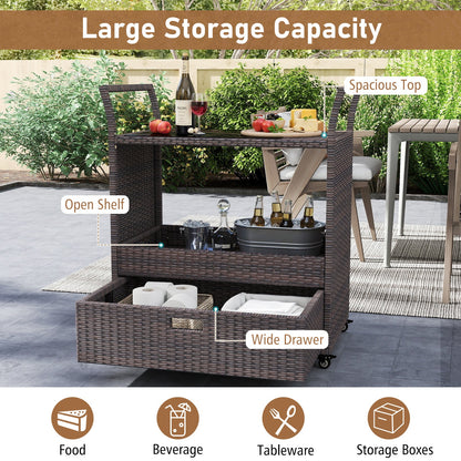 Outdoor Wicker Bar Cart Table with Tempered Glass Top