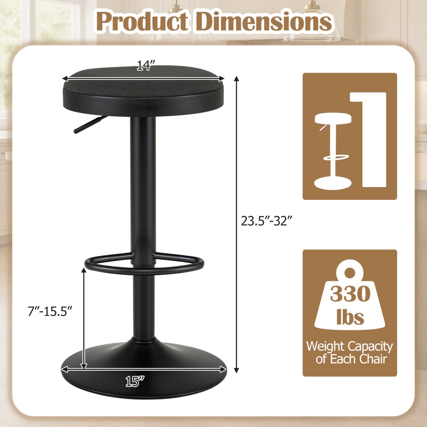 Adjustable Swivel Bar Stools | Set of 2 | 360° Swivel | 23.5–32" Height | 330 lb Each | 4 Colors