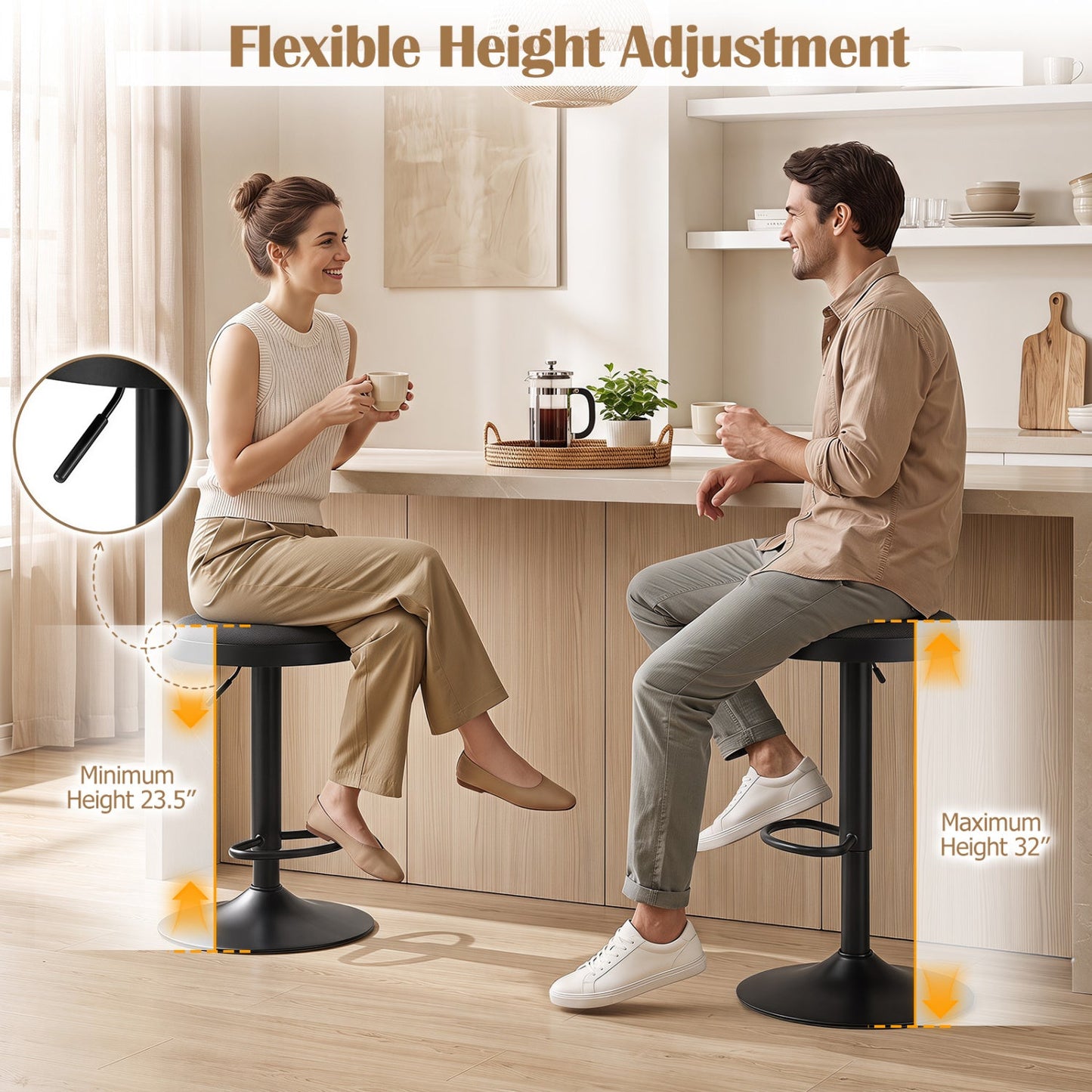 Adjustable Swivel Bar Stools | Set of 2 | 360° Swivel | 23.5–32" Height | 330 lb Each | 4 Colors
