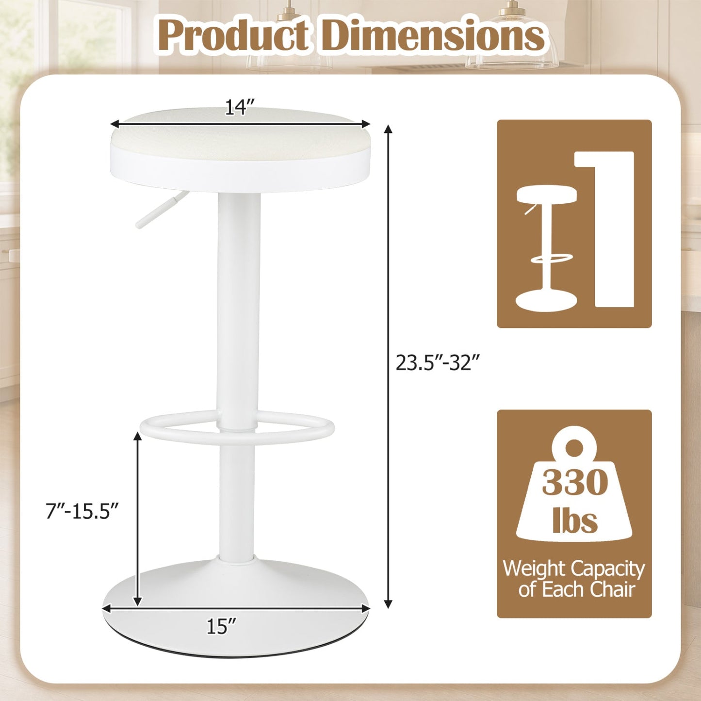 Adjustable Swivel Bar Stools | Set of 2 | 360° Swivel | 23.5–32" Height | 330 lb Each | 4 Colors