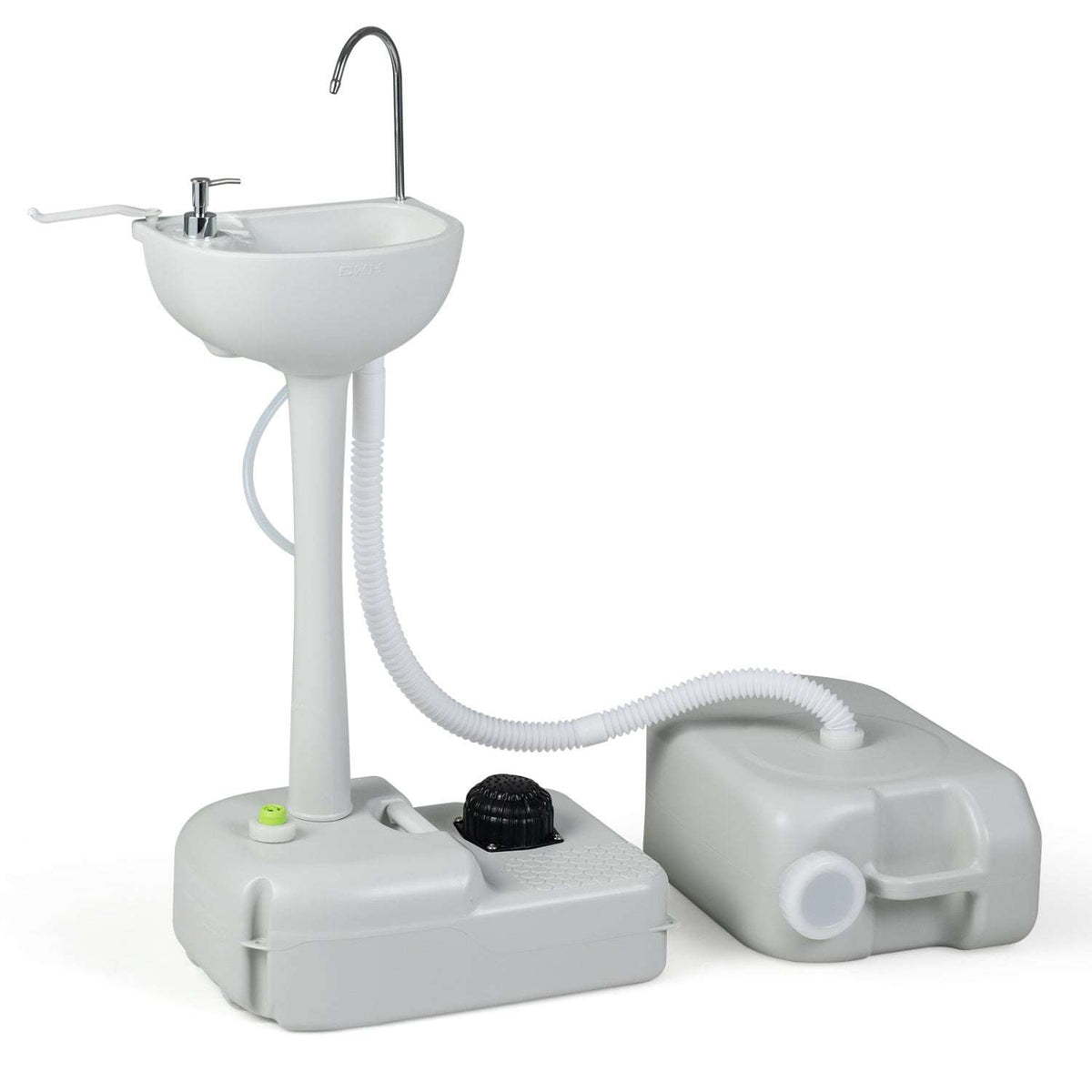 Portable camping sink with stainless faucet, white basin, and hose