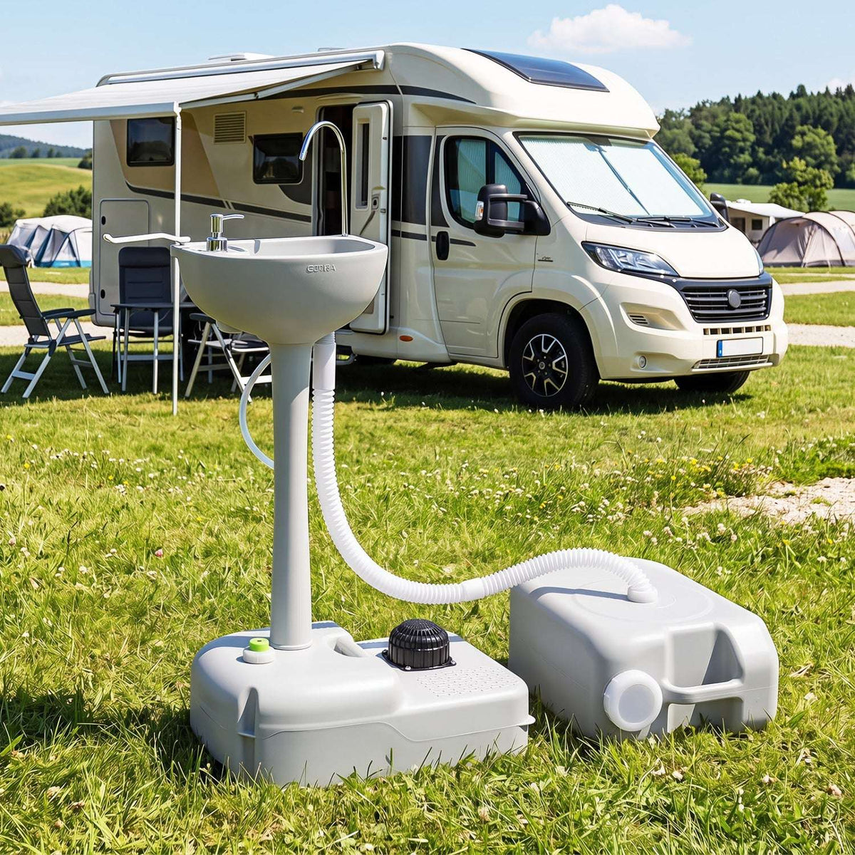 Portable camping sink with white basin and grey fresh-water tank
