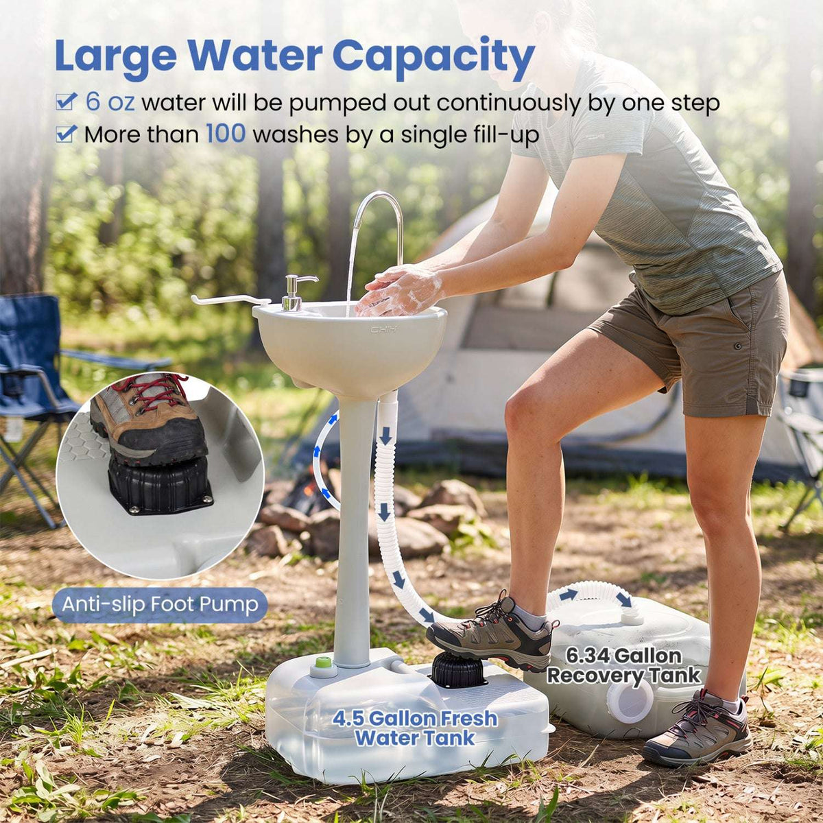 Portable camping sink with pump, fresh water tank, hose, and recovery tank