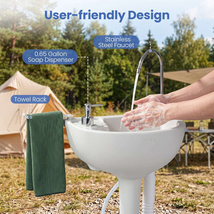 Portable camping sink with stainless steel faucet, soap dispenser, and towel rack