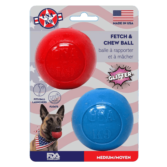 2-pack glitter dog rubber balls with treat-dispenser style floating design, red and blue