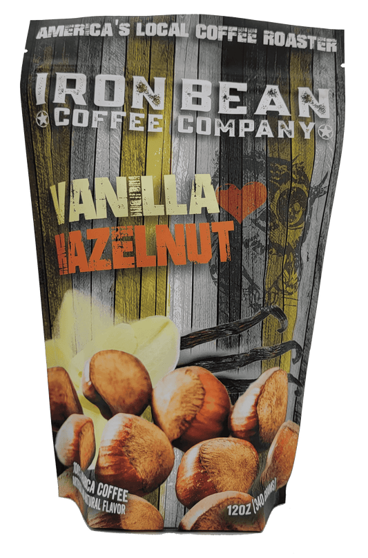 Vanilla hazelnut coffee bag with coffee beans, 12oz, Iron Bean Coffee Company front
