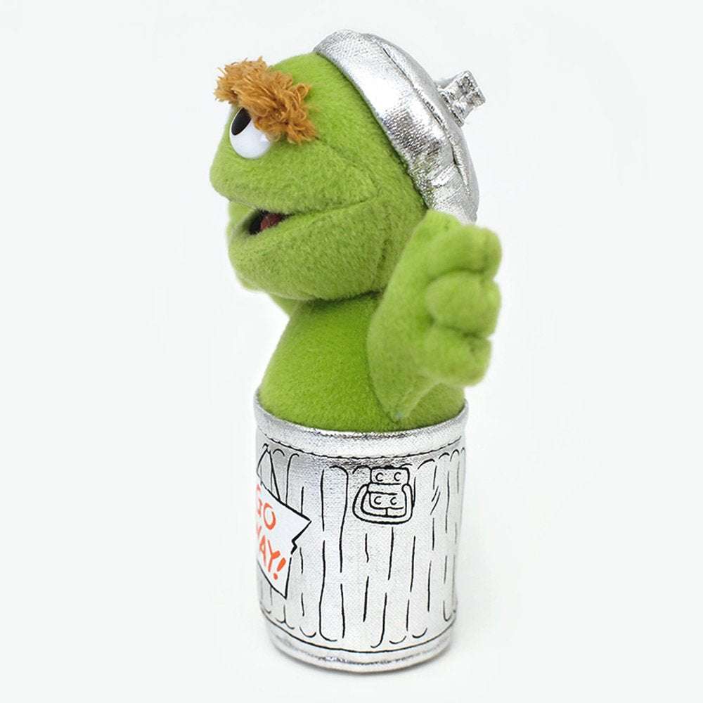 Oscar the Grouch plush beanbag, side view with silver trash can costume