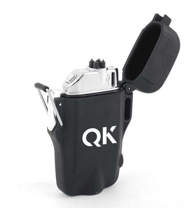 Quake Kits plasma lighter with flashlight, black body with white RK logo