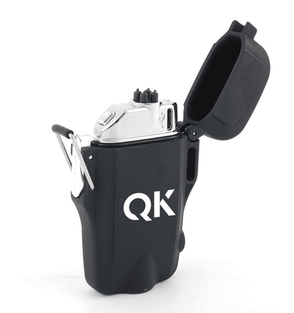 Quake Kits plasma lighter with flashlight, black body with white RK logo