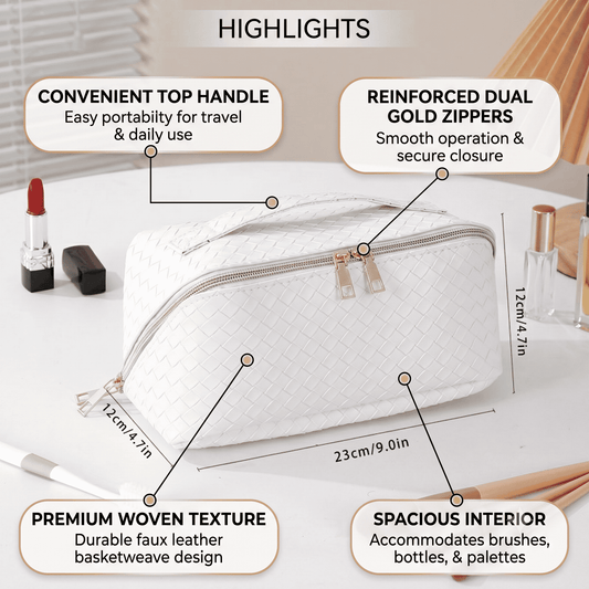 White woven makeup toiletry bag with top handle and dual gold zipper closure