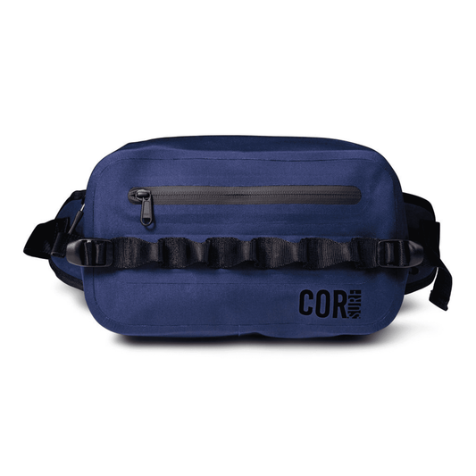 Blue waterproof waist pack with front zip and adjustable waist strap