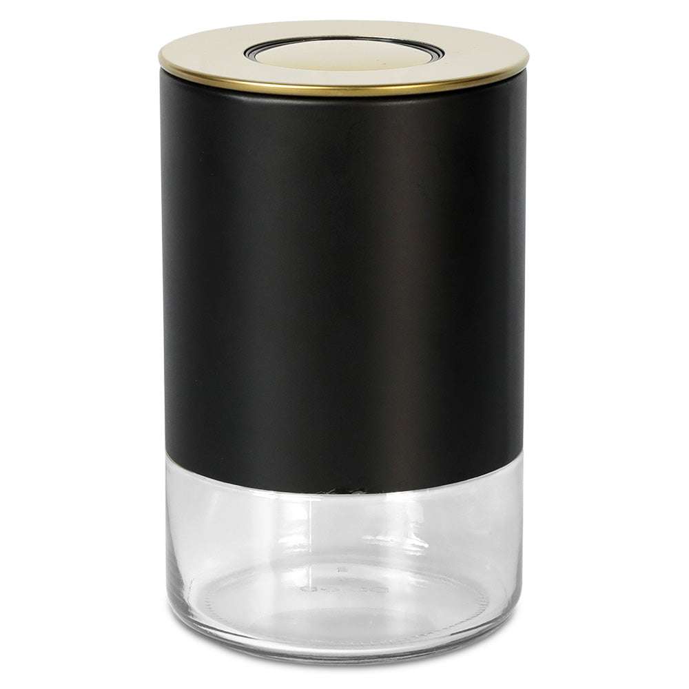 8 oz round storage container with matte black body, glass base, and stainless lid