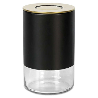 8 oz round storage container with matte black body, glass base, and stainless lid