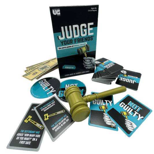 Judge Your Friends party card game set with judge mallet and character cards