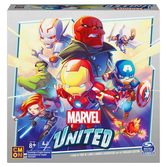 Marvel United cooperative strategy card game box front with super hero character artwork