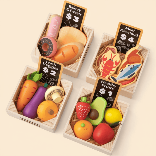 Wooden pretend food set with assorted pieces in small wooden crates
