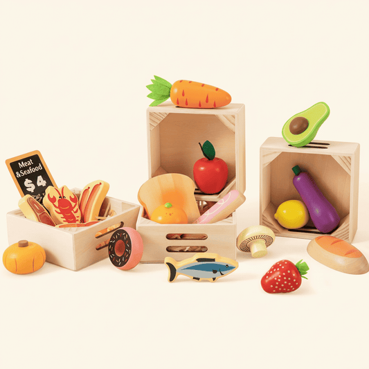 Wooden play food pieces and crates, with fruit, vegetables, fish, and accessories