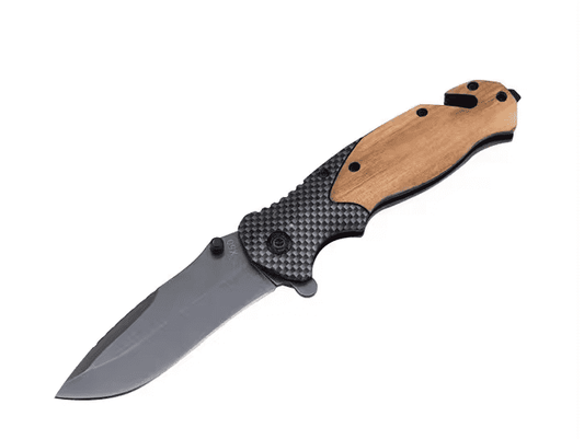 Folding pocket knife with wooden handle, black textured grip, stainless blade