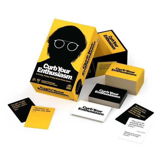 Curb Your Enthusiasm board game set with boxed cards and stacks of play cards