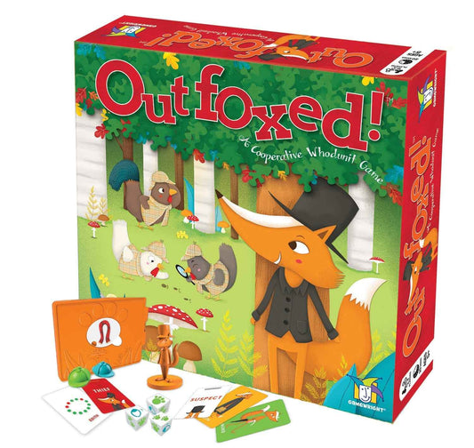 Outfoxed! cooperative whodunit board game box with fox detective and colorful scenes