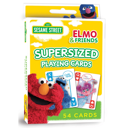 Sesame Street jumbo playing cards in a bright yellow 54-card box featuring Elmo and friends.