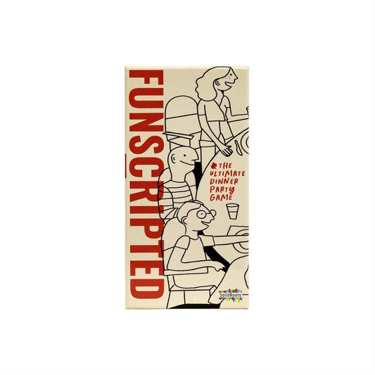 Dinner party card game box with line art and red FUNSCRIPTED title on front