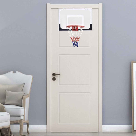 Over-the-door mini basketball hoop with red rim and blue-and-white net on a door