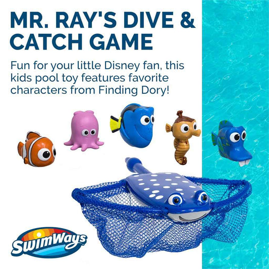 Blue dive-and-catch game toy with mesh net, featuring multiple cartoon character heads