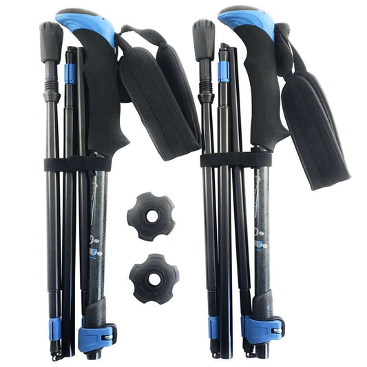 Folding walking poles with blue accents, black grips, and flip-lock straps