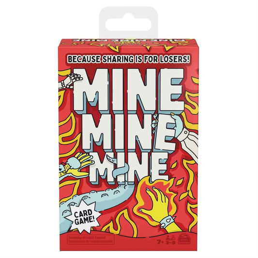 Mine Mine Mine card game box front with fiery graphic and large title text